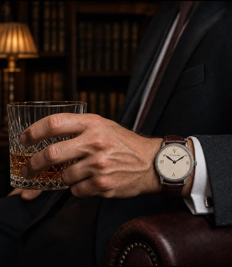 The round No. 12 Automatic on a tailored wrist holding whisky